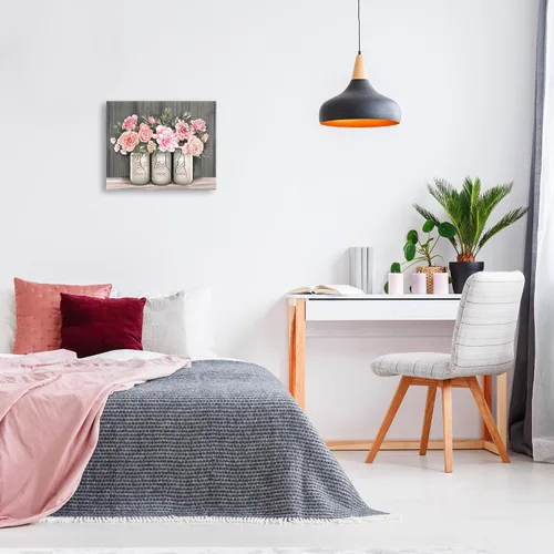 Miniatura 3 de Stupell Industries Ramos de rosas rosadas en flor, tarros rústicos de campo, diseñados por Ziwei Li, arte de pared en lienzo, color gris