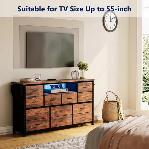 Miniatura 4 de LIVEHOM Cómoda Soporte para TV con toma de corriente y LED para TV de 45'', cómoda larga para dormitorio con 12 cajones, mesa consola ancha