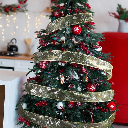 Miniatura 7 de Cinta de Organza con Alambre de Navidad de 2.5 Pulgadas de Ancho con Copos de Nieve y Purpurina Transparente para Árbol de Navidad, Corona, Dorado