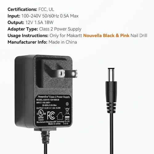 Miniatura 4 de Makartt Adaptador de Cargador de Energía Original para Lima de Uñas Nouvella, Suministro de Batería 12V 1.5A AC-DC para Lima Eléctrica Recargable