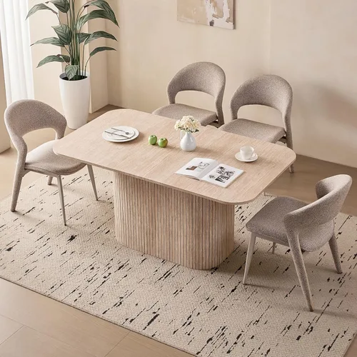 Miniatura 10 de Juego de 4 mesas de comedor grandes de 63 pulgadas para 4, esquinas redondeadas, mesa de cocina rectangular moderna de madera con sillas Boucle