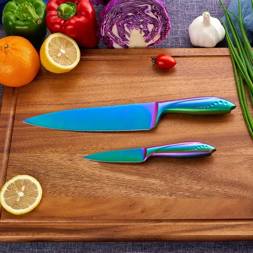 Miniatura 9 de WELLSTAR Juego de 2 cuchillos de chef, hoja de acero inoxidable alemán afilada y mango ergonómico cómodo con revestimiento de titanio arcoíris, chef