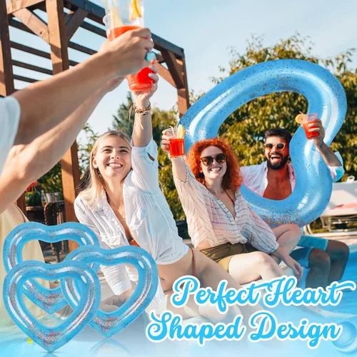 Miniatura 5 de Flotador inflable de 3 piezas de corazón para piscina, anillos de natación inflables con purpurina, despedida de soltera, tubo flotador, anillo