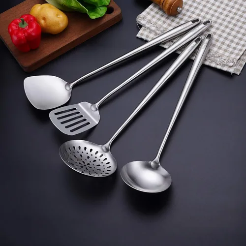 Miniatura 7 de Espátula y cucharón de 17 pulgadas, juego de herramientas de wok de acero inoxidable 304, 2 herramientas de cocina de mango extra largo, utensilios