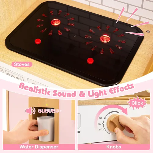 Miniatura 2 de Costzon Juego de cocina para niños, juguete Montessori de madera para niños pequeños con puerta de ratán, luz y sonido, dispensador de agua, Ratán