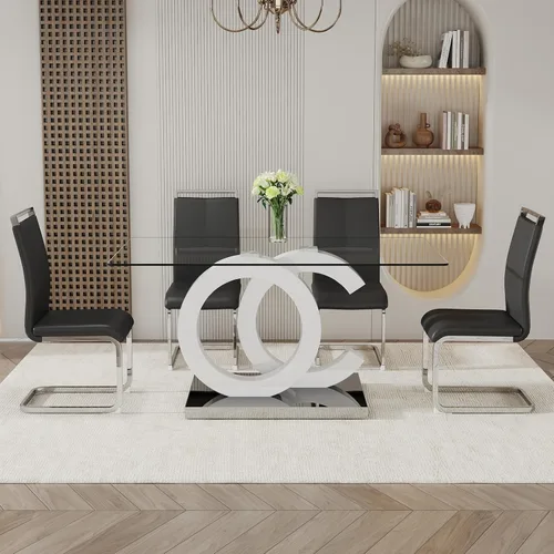 Miniatura 13 de Juego de mesa de comedor Ebullient para 6, juego de mesa de comedor de 7 piezas, tapa de mesa de cristal templado, mesa moderna de comedor con 6