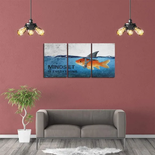 Miniatura 3 de 3 Paneles de Arte de Pared en Lienzo Inspiracional Enmarcado Moderno Pez Dorado Cuerpo Fuerte Corazón de Tiburón La Mentalidad lo es Todo Carteles
