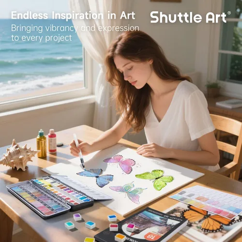 Miniatura 6 de Shuttle Art - Pinturas de acuarela metálicas, 24 colores de pintura de acuarela con purpurina en medias sartenes con pincel de agua, almohadilla