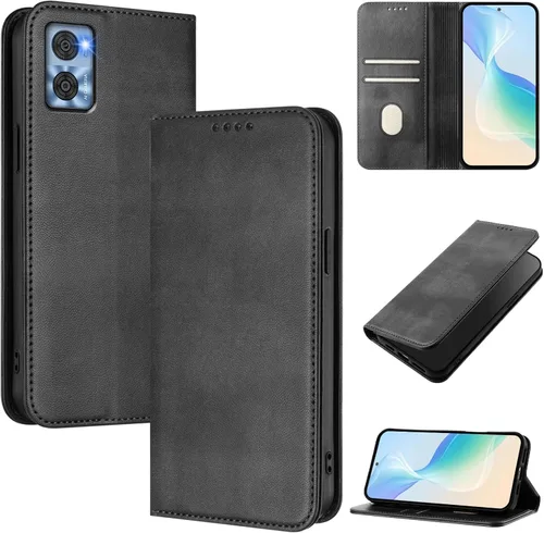Funda compatible con Motorola Moto E22 4G, compatible con Motorola Moto E22i 4G Card Slotting Wallet Phone Funda de cuero negro