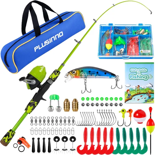 Miniatura 15 de PLUSINNO Caña de pescar para niños con carrete Spincast telescópica caña de pescar Combo kits completos para niños, niñas y adultos Rosa