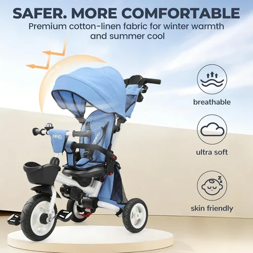 Miniatura 7 de JMMD Cochecito de triciclo 8 en 1 con asa de empuje, triciclo plegable con asiento giratorio de 360°, respaldo reclinable, ruedas todo terreno, Azul