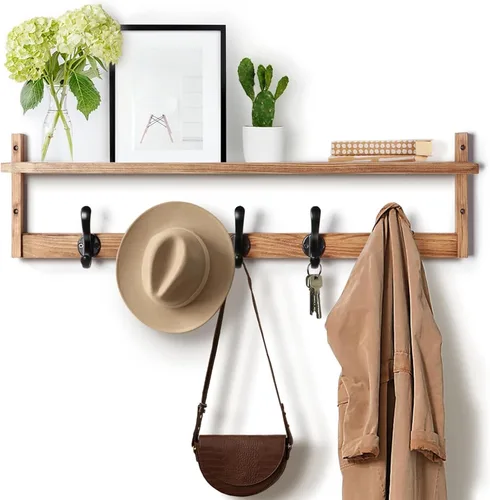 Miniatura 10 de Tatub Perchero de pared de 29 pulgadas con estante, ganchos de pared de madera con almacenamiento, estante de entrada con 5 perchas para baño, sala