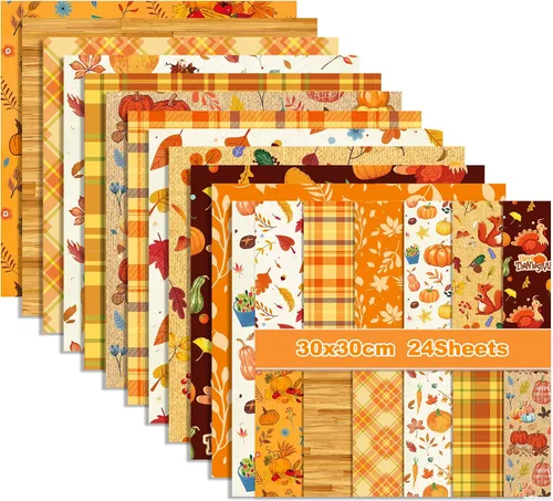 Miniatura 9 de Bloc de papel de 24 hojas con tema de Acción de Gracias, papel decorativo de doble cara de 12 x 12 pulgadas, papel de patrón de otoño, paquete