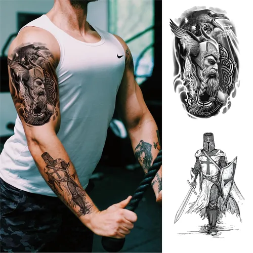 Miniatura 2 de Tatuaje temporal romano de guerrero genial para hombres, gran negro realista 3D griego Dios gladiador tatuaje falso adulto adolescente niño
