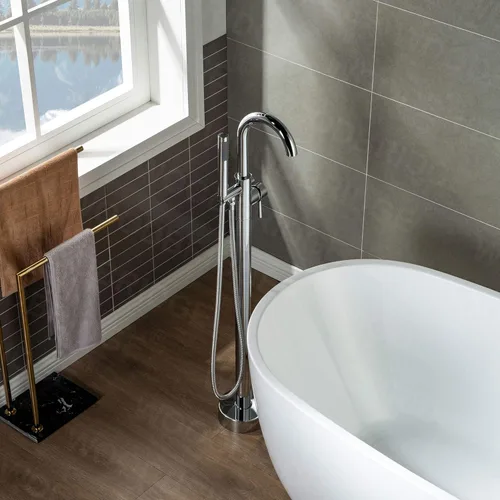 Miniatura 6 de WOODBRIDGE Grifo de llenado de bañera independiente contemporáneo de una sola manija con ducha de mano en acabado cromado, F0002CHRD