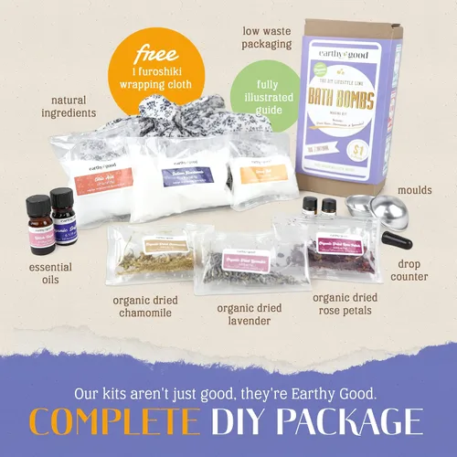 Miniatura 6 de Kit de bomba de baño Earthy Good DIY con ingredientes orgánicos 100% naturales Incluye: aceites esenciales, rosa seca, manzanilla y lavanda, moldes