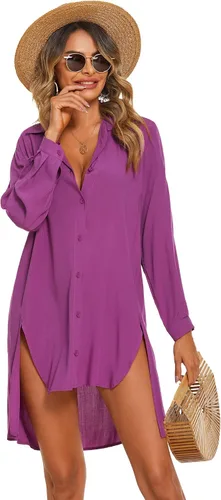 Miniatura 3 de AOLRO Camisas de playa para mujer, con botones, cuello en V, para cubrir el traje de baño