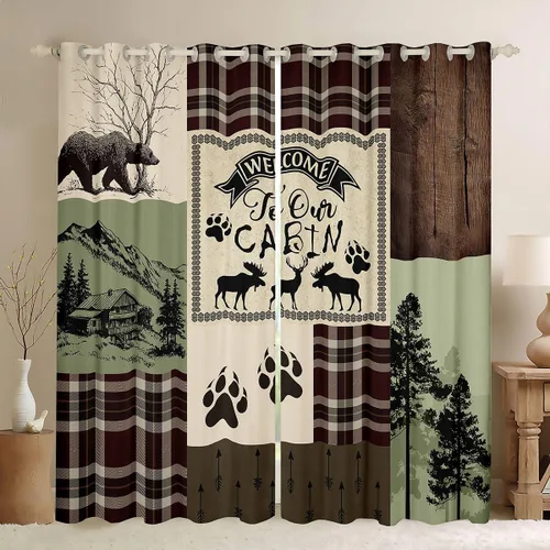 Miniatura 13 de Cortinas rústicas retro de cabaña, cortinas opacas de oso ciervo, 38 pulgadas de ancho x 45 pulgadas de largo, 2 paneles, cortinas de caza