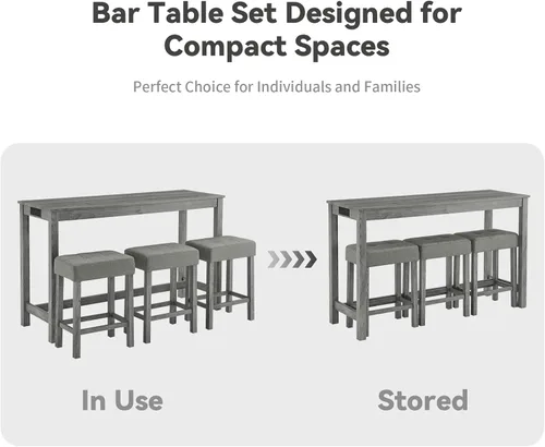 Miniatura 6 de Juego de mesa de bar industrial de 59" de 4 piezas con toma de corriente incorporada, mesa de sofá detrás del sofá con 3 taburetes tapizados