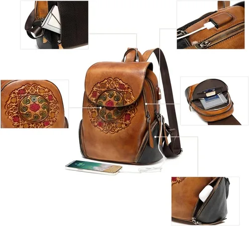 Miniatura 3 de Mochila de cuero para mujer, organizador retro de bronceado vegetal, bolso de cuero vintage en relieve tótem, naranja marrón, Bolso de hombro tótem