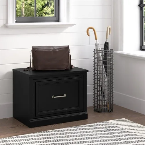 Miniatura 2 de Bush Furniture Woodland - Banco de zapatos pequeño de 24 W con cajón en roble de gamuza negra Organizador estrecho de calzado para entrada