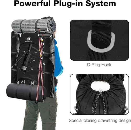 Miniatura 5 de Mochila de senderismo de 60 L con cubierta para lluvia, mochila larga impermeable para hombres y mujeres, mochila de mochila, mochila grande