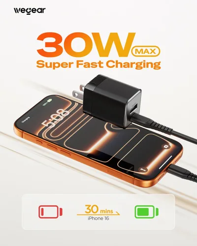 Miniatura 2 de wegear Cargador rápido USB C de 30 W, cargador de pared USB C de doble puerto con enchufe plegable para iPhone 17/16/15, Samsung S24, iPad, 40% más