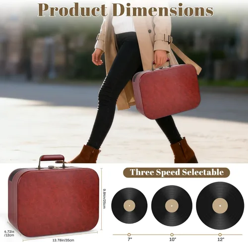 Miniatura 7 de Tocadiscos Vintage Suitcase, tocadiscos portátil Bluetooth de 3 velocidades con altavoces integrados, para discos de vinilo de 7/10/12 pulgadas