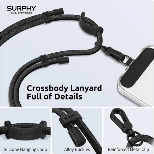 Miniatura 2 de SURPHY Cordón para teléfono, correa cruzada ajustable para teléfono con 2 pestañas de amarre para teléfono celular, hebillas de metal de alta Negro