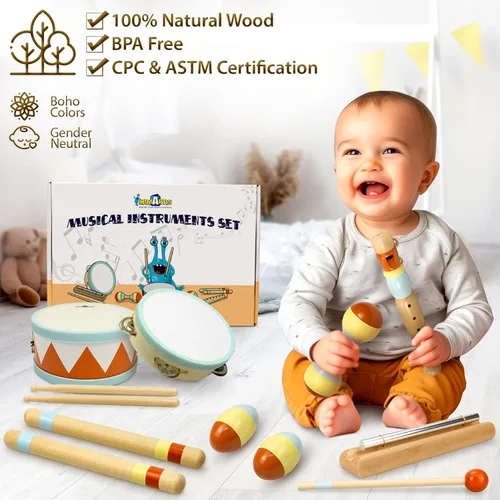 Miniatura 3 de MINIARTIS Instrumentos musicales para niños pequeños – Juguetes musicales de madera Montessori para niños pequeños de 1 a 3 años Juego de batería