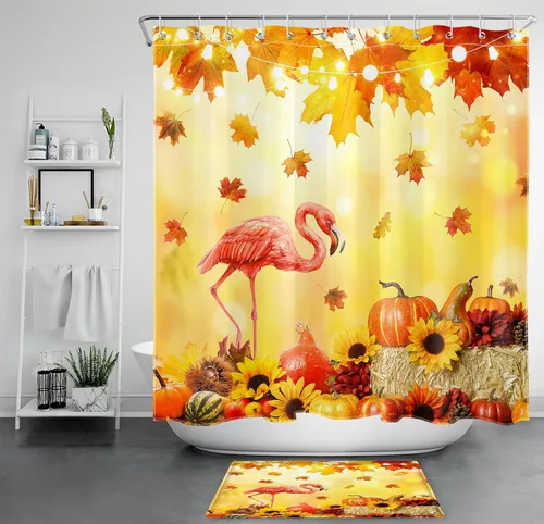 Miniatura 36 de LB Cortina de ducha de otoño para baño, divertido gato negro con fantasma en la bañera en el bosque de otoño, cortina de ducha de tela de cosecha
