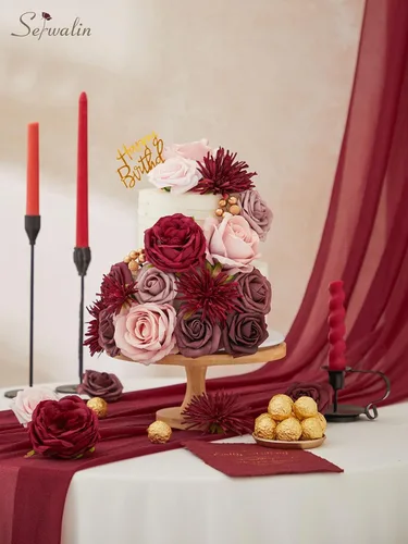 Miniatura 4 de Serwalin Flores de seda, flores artificiales burdeos para decoración de boda, rosas falsas rosas rosas y rojas con tallos y caja de vegetación, A