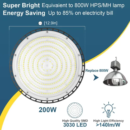 Miniatura 3 de Luz LED de alta bahía de 200 W, 28000 lúmenes, listado ETL, 5000 K, blanco brillante, equivalente a bombillas HPS o MH, luz industrial Highbay