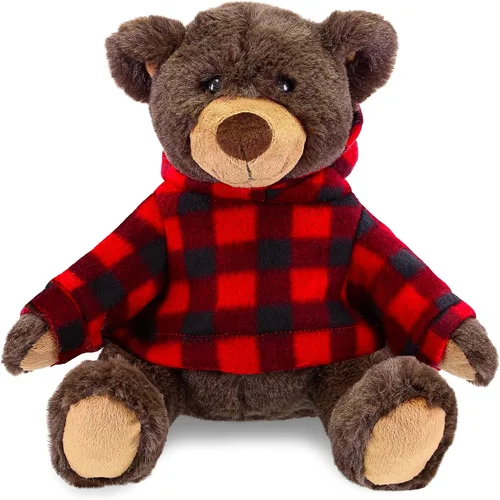 DolliBu Oso marrón de felpa con capucha a cuadros rojos, oso suave y abrazable, adorable peluche de oso marrón del zoológico, bonito regalo para