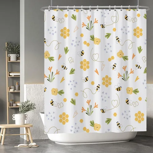 Miniatura 30 de Baocicoo - Cortina de ducha de abeja de miel, diseño de abeja de caricaturas, pista voladora, rústica, floral, para baño, decoración de bañera