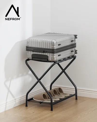 Miniatura 7 de Portaequipajes, soporte plegable para maleta con estante de almacenamiento, soporte de equipaje de metal para habitación de invitados, dormitorio