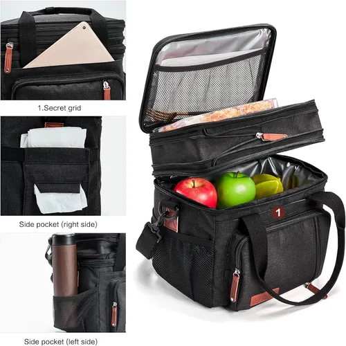 Miniatura 5 de MOV COMPRA Bolsas de almuerzo para hombres y mujeres, lonchera negra para adultos, para el trabajo, ampliable, a prueba de fugas, doble cubierta