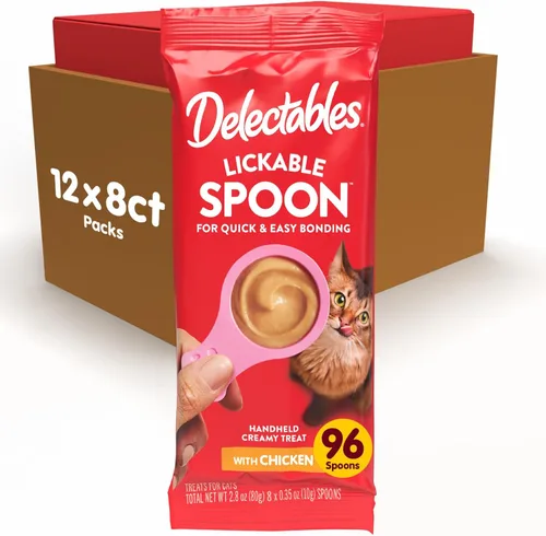 Miniatura 10 de Delectables Golosinas para lamer con cuchara de mano para gatos hechas con pollo y salmón reales, puré cremoso rápido y fácil, sin desorden, sin