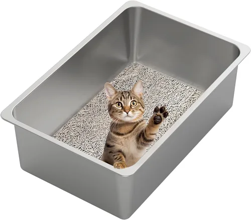 Miniatura 12 de Kirecoo - Caja de arena para gatos de acero inoxidable, bandeja de arena para gatos pequeña de metal con lados altos, bandeja de arena