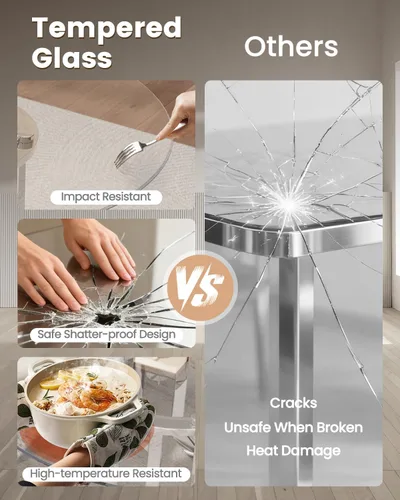 Miniatura 7 de 47.2" Round Glass Dining Table for 4-6, Round Glass Kitchen Table with Steel Legs, Modern Dining Table for Dining Room, Kitchen, Home, Cafe