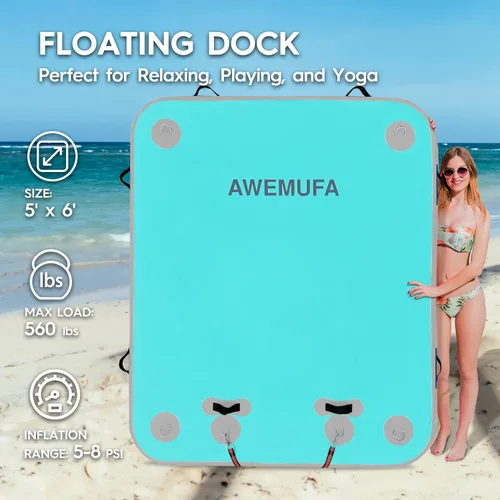 Miniatura 4 de AWEMUFA Muelle flotante inflable con rampa de 5 pies/6 pies/8 pies/10 pies, plataforma flotante flotante, tapete flotante de isla flotante, flotador