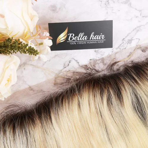 Miniatura 4 de Bella Hair Ombre 1b/613 Encaje frontal con raíces oscuras, 13x4 de oreja a oreja frontal cabello humano virgen liso liso 12 pulgadas