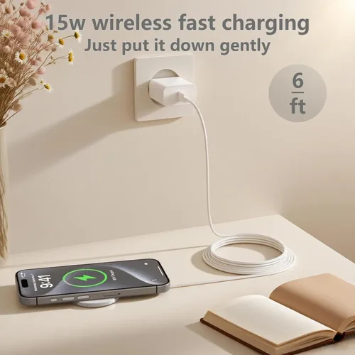 Miniatura 2 de [Certificado Apple MFi] Paquete de 2 cargadores inalámbricos Mag-Safe de 6 pies, almohadilla magnética rápida de 15 W con bloque USB-C para iPhone