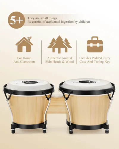 Miniatura 5 de Batería de bongó Eastar de 6" y 7" de madera, instrumento de percusión para niños, adultos y principiantes con acabado natural, EBO-1 Natural Finish