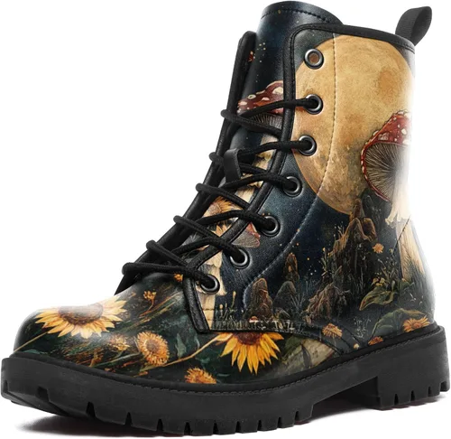 Miniatura 9 de Botas de Combate Florales de Setas para Mujer - Botas Góticas de Bosque Witchcore Tacón Grueso Cuero Vegano Moda con Cordones Botines Negros