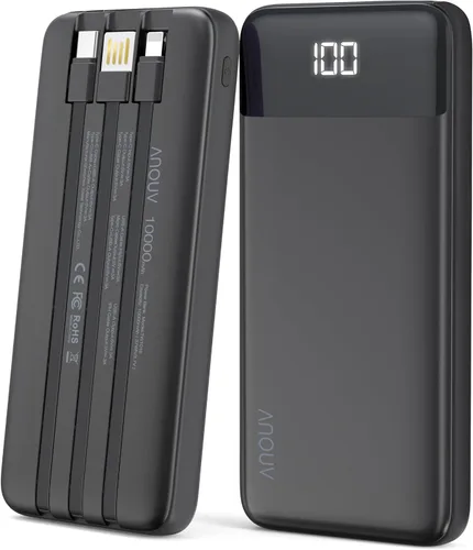Cargador portátil con cables incorporados, banco de energía de 10000 mAh con cables, batería delgada con pantalla LED, cargador portátil esencial de