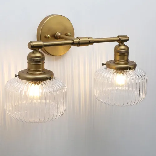 Miniatura 8 de 2 luces de pared industriales de vidrio, lámpara de pared de latón antiguo con pantalla de globo rayado transparente para tocador de baño