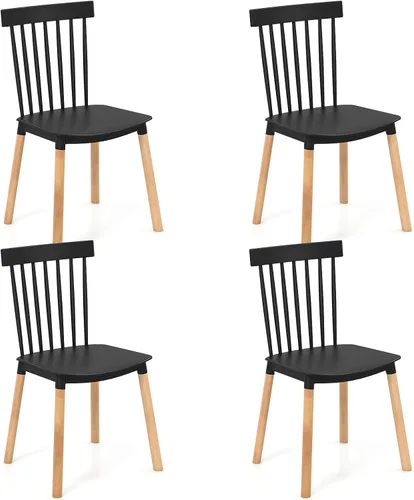 Giantex Juego de 4 sillas de comedor Windsor, modernas sillas de cocina negras con respaldo de husillo y asientos curvos, patas de madera maciza