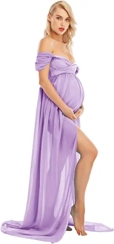 Miniatura 4 de ZIUMUDY Vestido de gasa de maternidad con hombros descubiertos para sesión de fotos, vestido largo de encaje frontal dividido para fotografía
