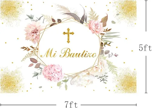 Miniatura 3 de MEHOFOND Mi Bautizo - Telón de fondo dorado con texto en inglés «Bless Mexican Bautismo» para niña, decoración de fiesta de primera comunión